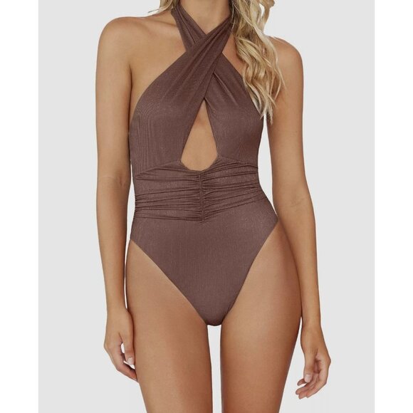 PQ Women's Brown Celine Metallic Rib-Knit One-Piece Swimsuit Size Small NWT $154 - Picture 1 of 8